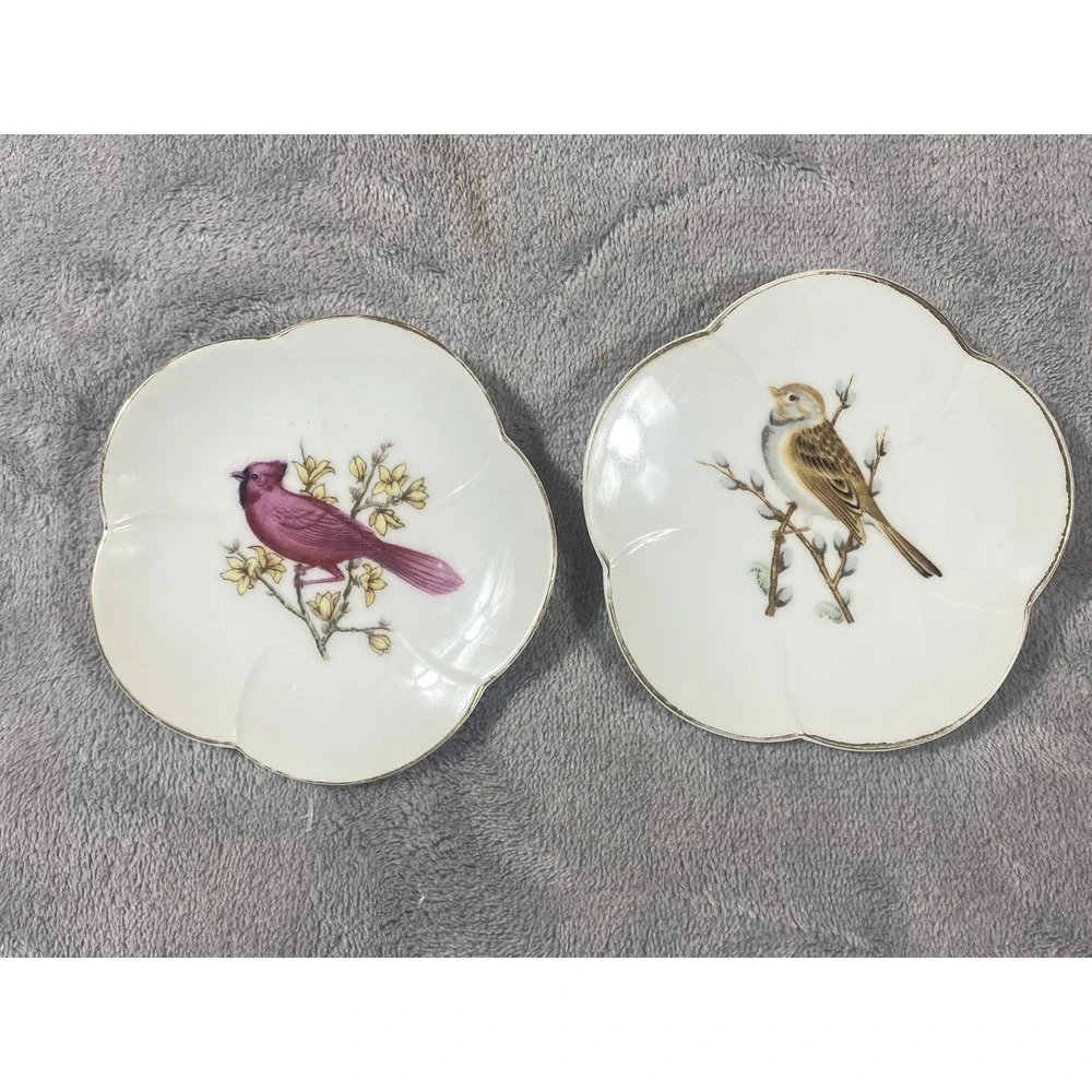 2 Vintage Scalloped Plates Birds Gold Rims Hand Painted In Japan Trinket Dishes‎